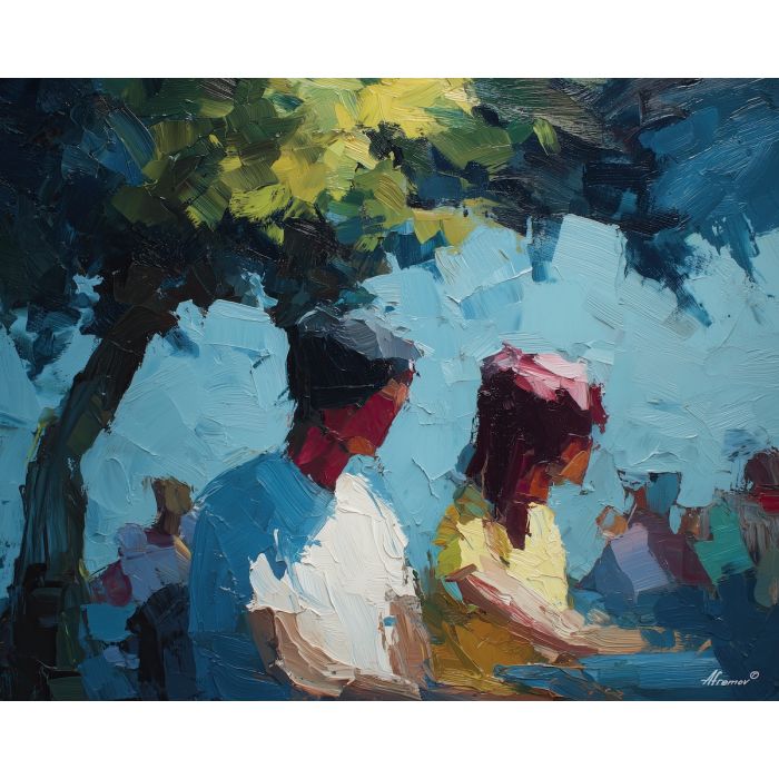 black love, two figures under a tree canopy, a street café terrace, simplified facial details, crimson accents on deep blue, serene and radiant, foreground subject, impasto texture, textured strokes, atmospheric depth, oil painting, palette knife texture, impasto oil, thick paint, bold brushwork, soft glow, color contrast, layered depth, foreground focus, background gradient