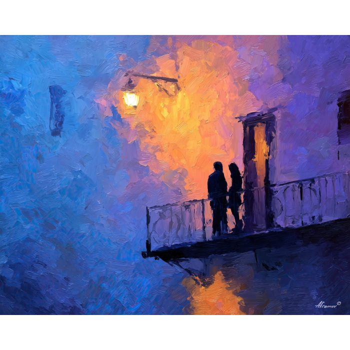 black love, a couple standing by a streetlamp, a quiet apartment balcony, a mirrored shimmer on water, warm copper with slate blues, romantic and luminous, foreground subject, impasto texture, textured strokes, atmospheric depth, oil painting, palette knife texture, impasto oil, thick paint, bold brushwork, soft glow, color contrast, layered depth, foreground focus, background gradient