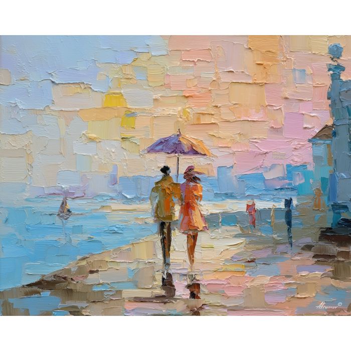 black love, two figures under one umbrella, a waterfront promenade, cool shadows at the borders, soft peach with indigo and gold, calm and affectionate, foreground subject, impasto texture, textured strokes, atmospheric depth, oil painting, palette knife texture, impasto oil, thick paint, bold brushwork, soft glow, color contrast, layered depth, foreground focus, background gradient