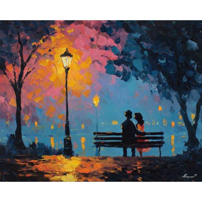 black love, a couple dancing softly, a park bench under lanterns, quiet midground silhouettes, rose gold highlights over cool navy, quietly confident, foreground subject, impasto texture, textured strokes, atmospheric depth, oil painting, palette knife texture, impasto oil, thick paint, bold brushwork, soft glow, color contrast, layered depth, foreground focus, background gradient
