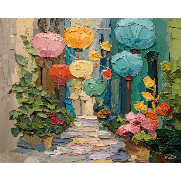 hispanic, a paper lantern cluster, a rain-washed alley, fabric folds in impasto ridges, turquoise and coral with warm gold, celebratory and warm, foreground subject, impasto texture, textured strokes, atmospheric depth, oil painting, palette knife texture, impasto oil, thick paint, bold brushwork, soft glow, color contrast, layered depth, foreground focus, background gradient