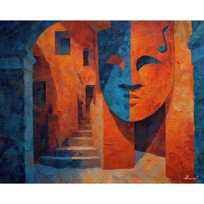 hispanic, a festival mask on cloth, a church courtyard, music-note energy implied by angled strokes, peach glow with deep cobalt, sunlit and communal, foreground subject, impasto texture, textured strokes, atmospheric depth, oil painting, palette knife texture, impasto oil, thick paint, bold brushwork, soft glow, color contrast, layered depth, foreground focus, background gradient
