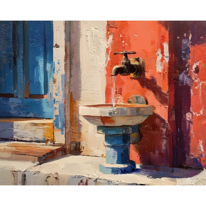 hispanic, a courtyard fountain spout, a beachside shack corner, a painterly vignette, crimson and cream with cobalt shade, bright and textured, foreground subject, impasto texture, textured strokes, atmospheric depth, oil painting, palette knife texture, impasto oil, thick paint, bold brushwork, soft glow, color contrast, layered depth, foreground focus, background gradient