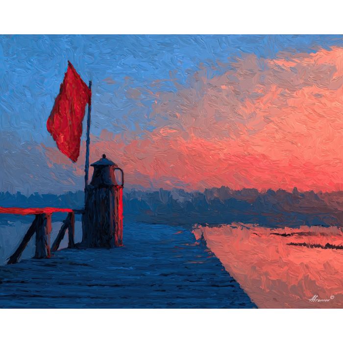american flag, a flag as a close-up fabric study, a boardwalk at sunrise, clean silhouettes for people, warm red with cool blue shadows, calm and commemorative, foreground subject, impasto texture, textured strokes, atmospheric depth, oil painting, palette knife texture, impasto oil, thick paint, bold brushwork, soft glow, color contrast, layered depth, foreground focus, background gradient