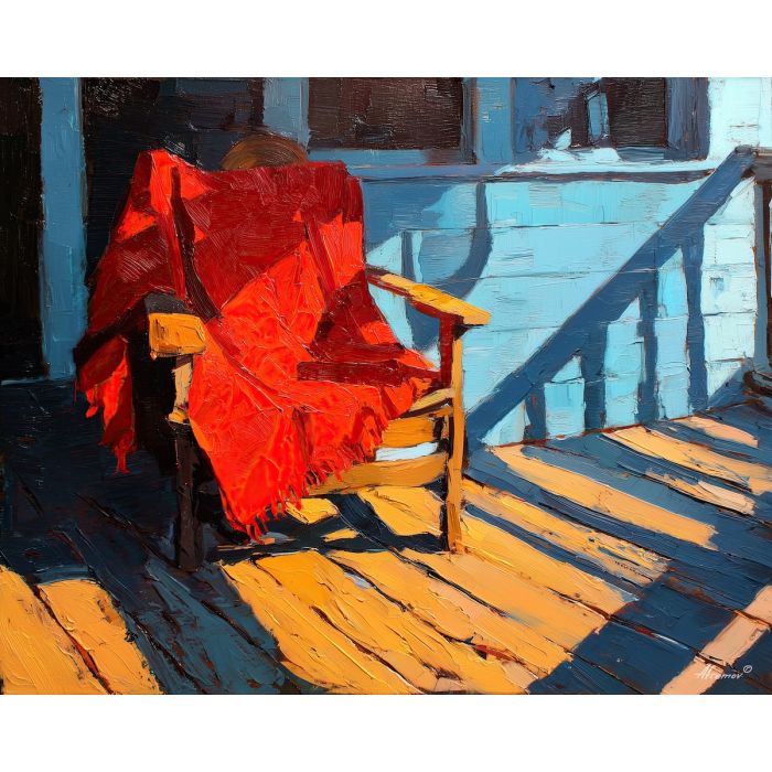american flag, a flag draped over a chair, a lighthouse walkway, knife ridges catching light, warm red with cool blue shadows, sunlit and hopeful, foreground subject, impasto texture, textured strokes, atmospheric depth, oil painting, palette knife texture, impasto oil, thick paint, bold brushwork, soft glow, color contrast, layered depth, foreground focus, background gradient