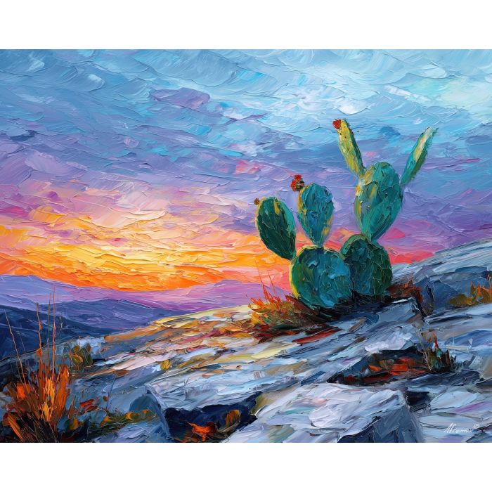 cactus, cactus on rocky hill, oil painting, palette knife texture, impasto painting, textured canvas, fine art painting, dramatic lighting, rich colors, painterly style, studio artwork, gallery art, wall art, visual composition, bold brushwork, canvas painting, color contrast, fine texture, art collection, expressive painting