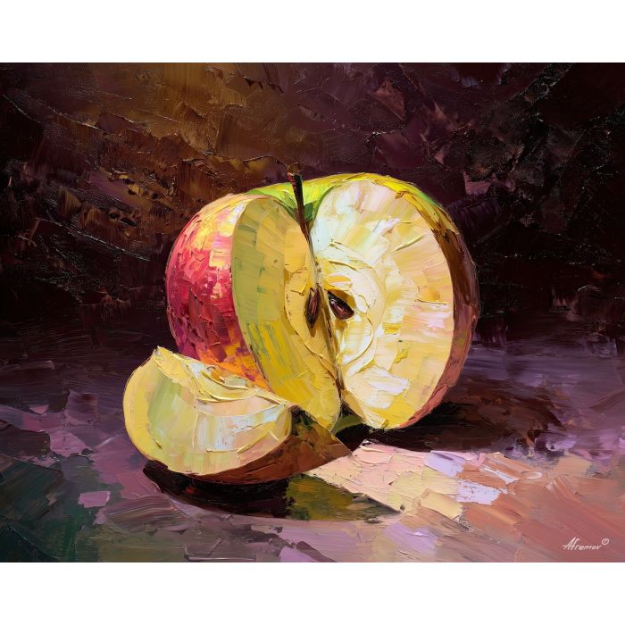apple, cut apple cross section, oil painting, palette knife texture, impasto painting, textured canvas, fine art painting, dramatic lighting, rich colors, painterly style, studio artwork, gallery art, wall art, visual composition, bold brushwork, canvas painting, color contrast, fine texture, art collection, expressive painting