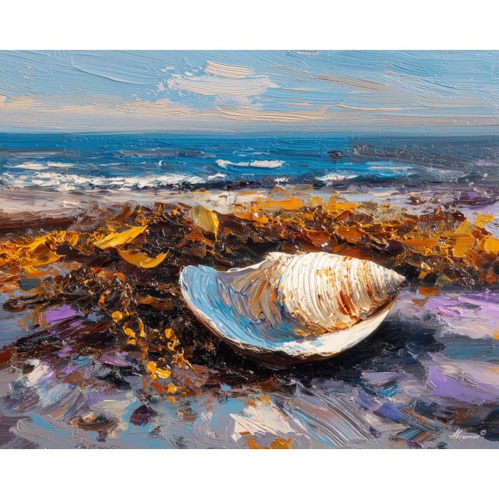 seashell, shell beside seaweed, oil painting, palette knife texture, impasto painting, textured canvas, fine art painting, dramatic lighting, rich colors, painterly style, studio artwork, gallery art, wall art, visual composition, bold brushwork, canvas painting, color contrast, fine texture, art collection, expressive painting