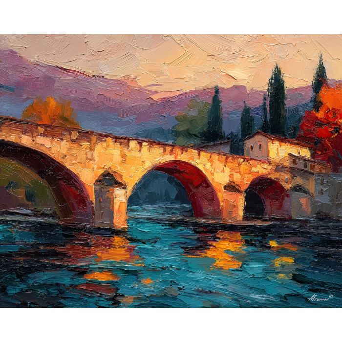 ancient rome, roman bridge over river, oil painting, palette knife texture, impasto painting, textured canvas, fine art painting, dramatic lighting, rich colors, painterly style, studio artwork, gallery art, wall art, visual composition, bold brushwork, canvas painting, color contrast, fine texture, art collection, expressive painting