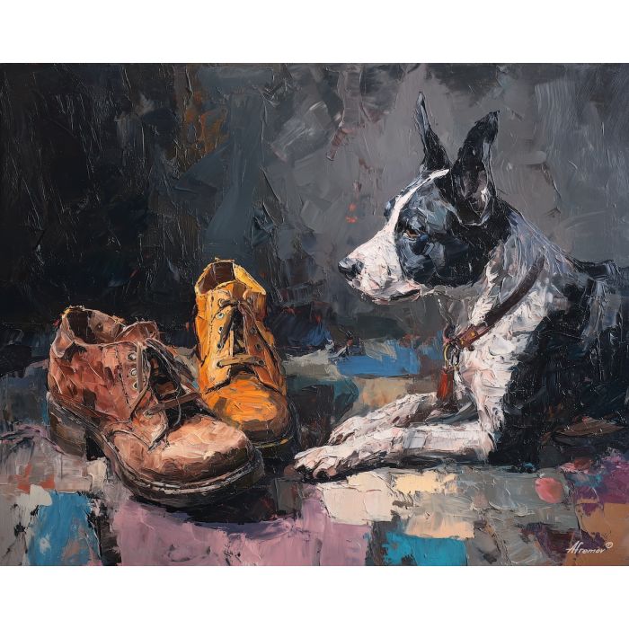 pet, dog beside shoes, oil painting, palette knife texture, impasto painting, textured canvas, fine art painting, dramatic lighting, rich colors, painterly style, studio artwork, gallery art, wall art, visual composition, bold brushwork, canvas painting, color contrast, fine texture, art collection, expressive painting