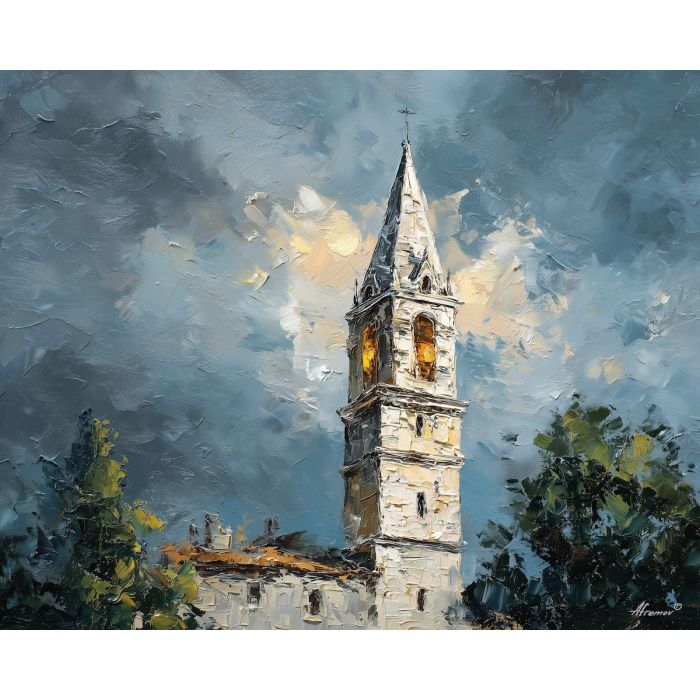 historical, historic bell tower, oil painting, palette knife texture, impasto painting, textured canvas, fine art painting, dramatic lighting, rich colors, painterly style, studio artwork, gallery art, wall art, visual composition, bold brushwork, canvas painting, color contrast, fine texture, art collection, expressive painting