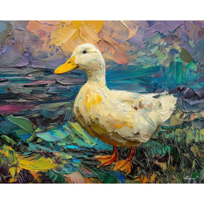 duck, duck beside riverbank, oil painting, palette knife texture, impasto painting, textured canvas, fine art painting, dramatic lighting, rich colors, painterly style, studio artwork, gallery art, wall art, visual composition, bold brushwork, canvas painting, color contrast, fine texture, art collection, expressive painting