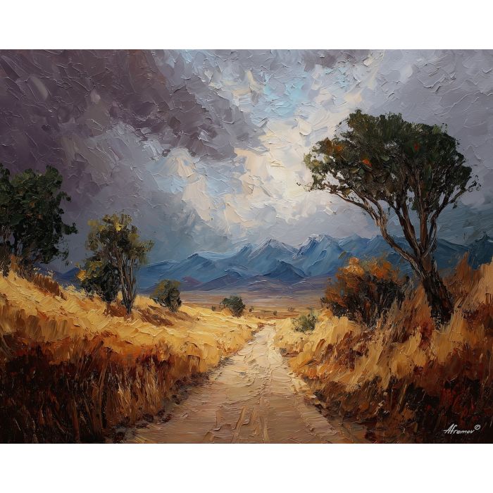 historical, ancient caravan road, oil painting, palette knife texture, impasto painting, textured canvas, fine art painting, dramatic lighting, rich colors, painterly style, studio artwork, gallery art, wall art, visual composition, bold brushwork, canvas painting, color contrast, fine texture, art collection, expressive painting