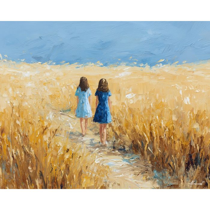 gemini,sisters,wheat field,evening,palette knife,oil painting,amber,beige,blue,white,zodiac theme,duality,impasto,texture,rural scene,path,figures,summer,movement,landscape