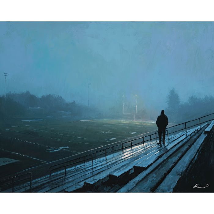 football,referee,dawn field,empty bleachers,palette knife,oil painting,gray,green,black,white,sports,quiet scene,impasto,texture,morning,stadium,field lines,official,atmospheric,solitary