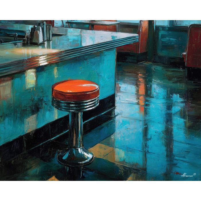 grunge,diner,neon,counter stool,palette knife,oil painting,teal,red,silver,black,urban night,impasto,texture,chrome,interior,late night,gritty,retro,lonely,street