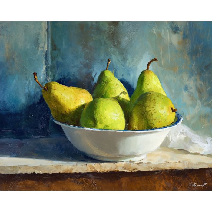 fruit,pears,farmhouse,ceramic bowl,morning sun,palette knife,oil painting,green,ivory,brown,blue,still life,countertop,impasto,texture,kitchen,rustic,food,centered,soft light
