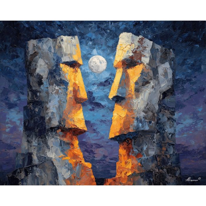 gemini,twins,moonlight,courtyard,palette knife,oil painting,silver,indigo,gray,black,zodiac,symmetry,impasto,texture art,night scene,mythic,stone figures,celestial,balanced,symbolic