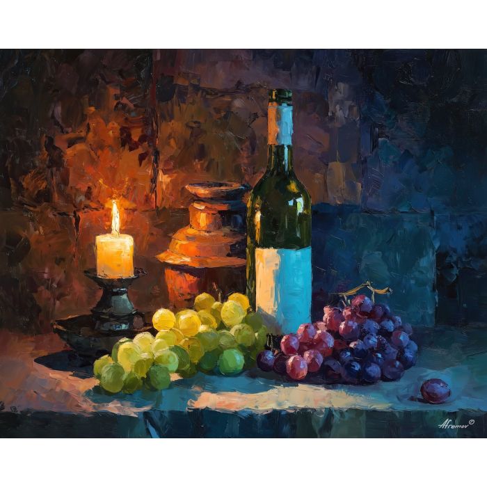 fruit,grapes,wine cellar,candlelight,palette knife,oil painting,violet,green,amber,charcoal,still life,tabletop,impasto,texture,evening,rustic,vineyard mood,food art,bottle,shadow
