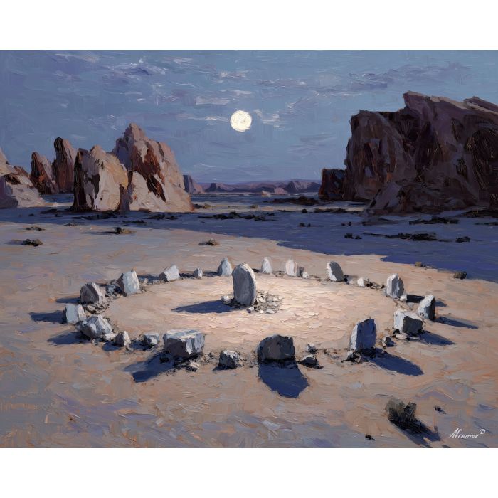 esoteric,altar,moonlight,desert,stone circle,palette knife,oil painting,silver,indigo,beige,charcoal,ritual scene,night landscape,impasto,texture art,mystic,occult,wide view,sand,ceremony