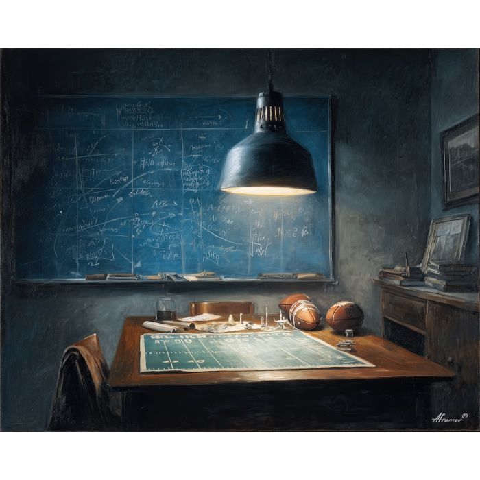 football,playbook,chalkboard,coach room,overhead light,palette knife,oil painting,black,white,green,amber,sports strategy,diagram,impasto,texture art,tactics,interior,team prep,arrows,board