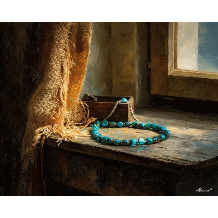 navajo,turquoise,woven cloth,tabletop,palette knife,oil painting,brown,cream,black,southwest,jewelry,impasto,texture art,still life,artisan,window light,pattern,heritage,craft,textured art