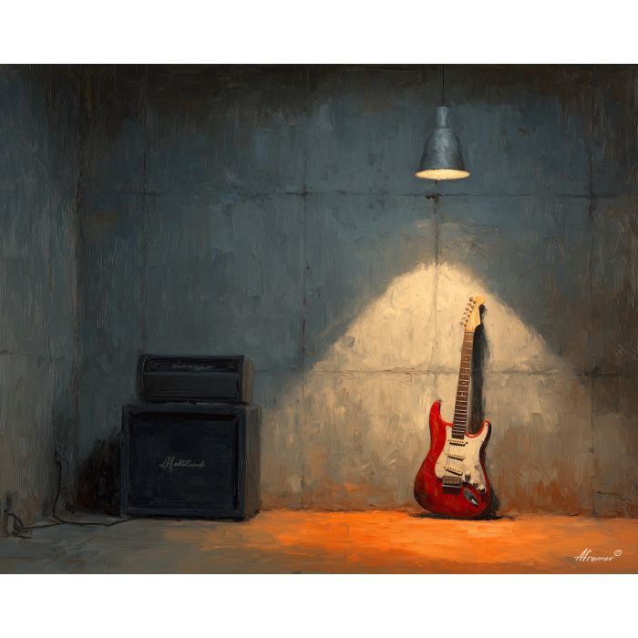 grunge,guitar,rehearsal room,hanging bulb,palette knife,oil painting,black,crimson,gray,amber,music,urban interior,impasto,texture art,amp,raw mood,gritty,still life,band room,concrete