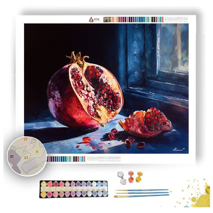 POMEGRANATE ON DARK TABLE IN BLUE HOUR - Paint by Numbers Full Kit