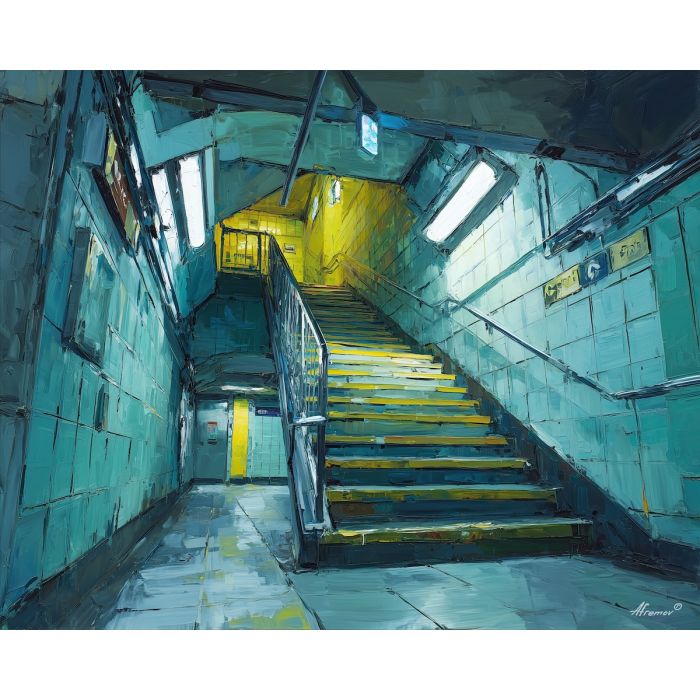 grunge,subway,stairwell,midnight,palette knife,oil painting,olive gray,black,yellow,white,urban scene,fluorescent,impasto,texture,gritty city,underground,architecture,night,movement,public