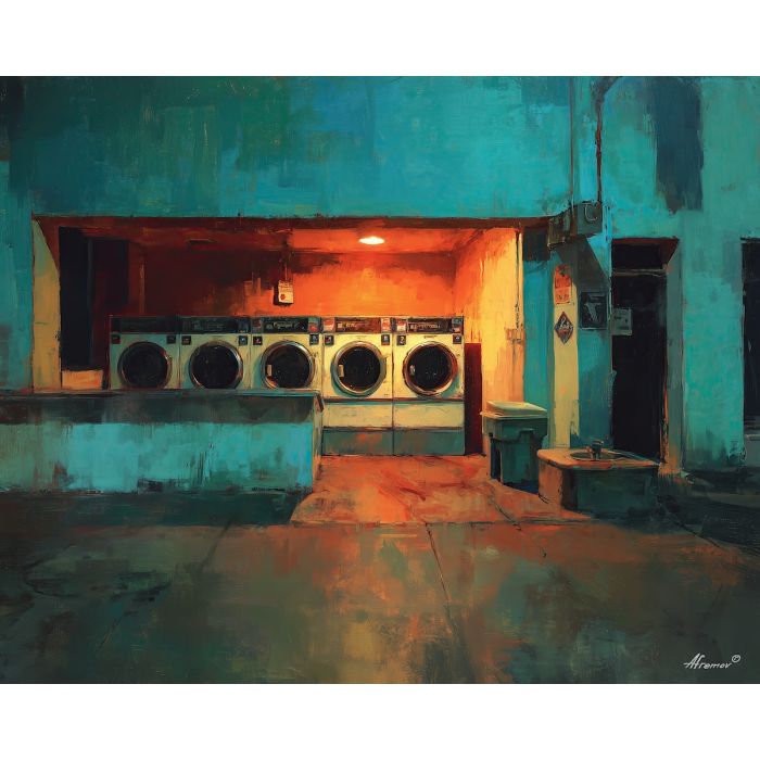 grunge,laundromat,night corner,fluorescent,palette knife,oil painting,white,turquoise,rust,charcoal,urban scene,impasto,texture art,machines,repetition,gritty,street life,interior,late night,neighborhood