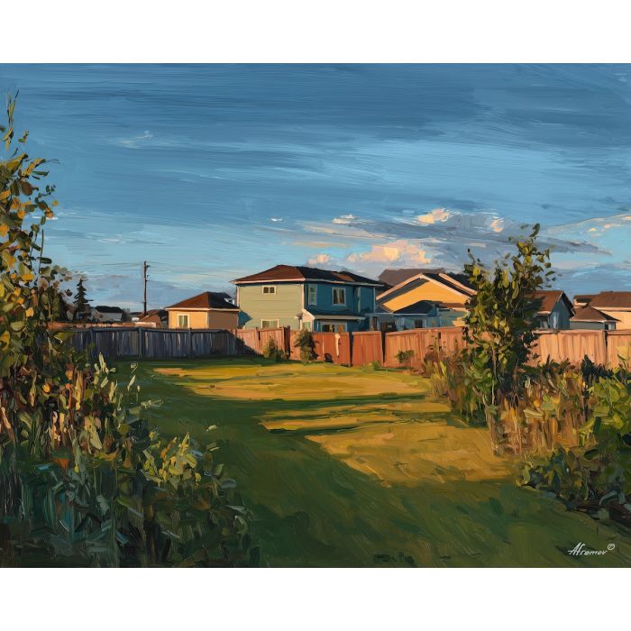 football,backyard,family game,dusk,suburban lawn,palette knife,oil painting,gold,green,blue,brown,sports,casual scene,impasto,texture,summer,throwing pass,playful,outdoor,weekend