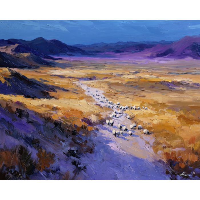 navajo,sheep trail,sage flats,morning light,palette knife,oil painting,green,brown,gold,violet,southwest,landscape,impasto,texture art,pastoral,desert path,wide open,terrain,rural,hills