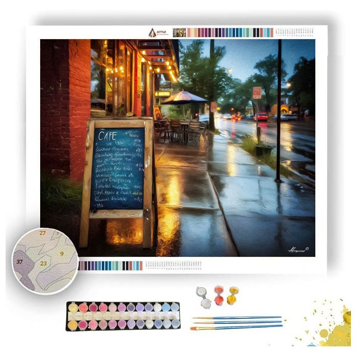 CAFE MENU IN RAIN BY QUIET LIGHT - Paint by Numbers Full Kit