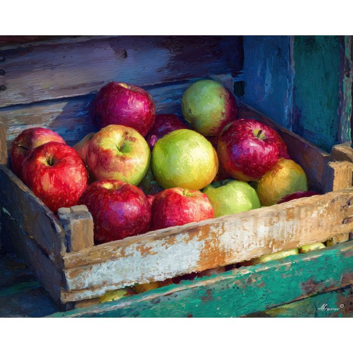 fruit,apples,orchard shed,autumn light,palette knife,oil painting,red,green,brown,cream,crate,still life,impasto,texture,farm,rustic,food art,harvest,close view,wood
