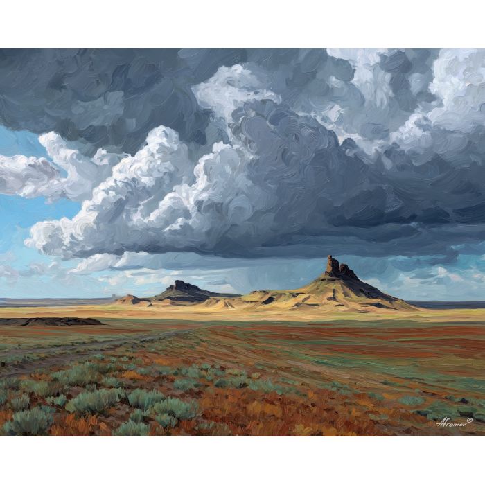 navajo,buttes,storm clouds,desert plain,palette knife,oil painting,charcoal,red,silver,green,southwest,landscape,impasto,texture,big sky,weather,arid terrain,dramatic,plateau,scene