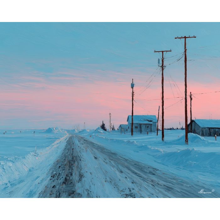 navajo,dirt road,remote desert,winter light,palette knife,oil painting,rose,brown,gray blue,black,southwest,landscape,impasto,texture art,telephone poles,settlement,open road,quiet,desert evening,scene