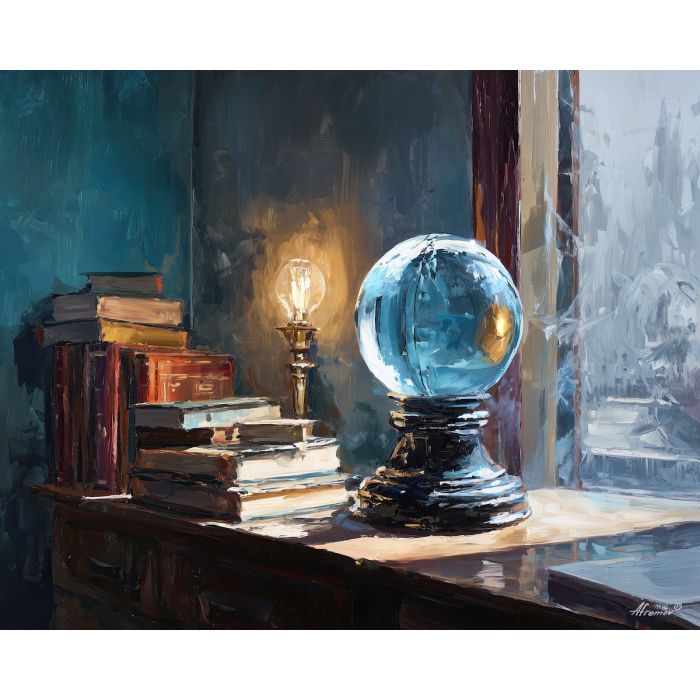 esoteric,crystal ball,library,lamp light,books,palette knife,oil painting,gray,amber,teal,black,mystic,occult,interior,impasto,texture,fortune room,still life,arcane,quiet