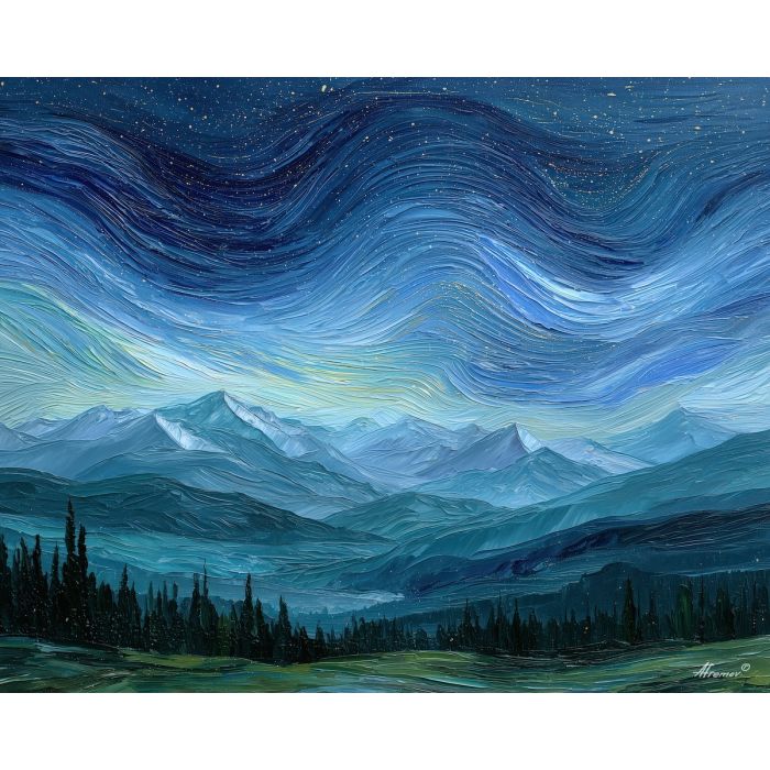 gemini,constellation,night hills,starlight,palette knife,oil painting,navy,white,green,gray,zodiac sky,landscape,impasto,texture art,celestial,stars,wide view,valley,nightscape,astronomy