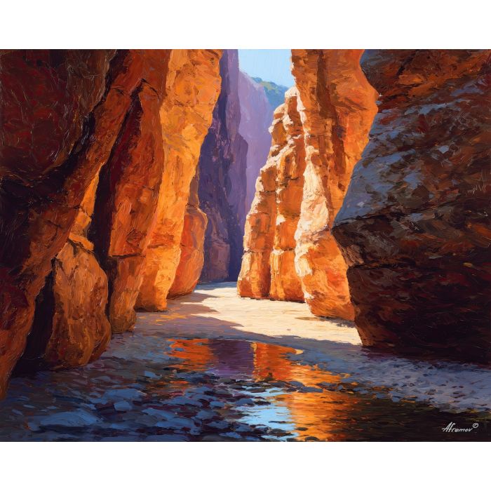 navajo,slot canyon,sandstone,midday light,palette knife,oil painting,red,orange,peach,violet,southwest,landscape,impasto,texture,rock walls,vertical,desert geology,canyon,nature,glow