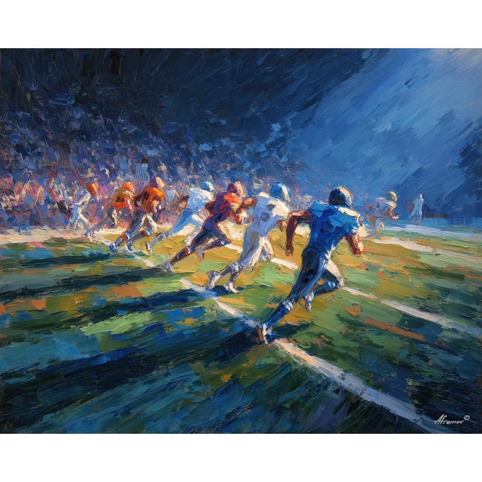 football,kickoff,stadium crowd,afternoon sun,action,palette knife,oil painting,green,white,crimson,cobalt,sports,movement,impasto,texture,athletics,dynamic scene,game day,field,fans