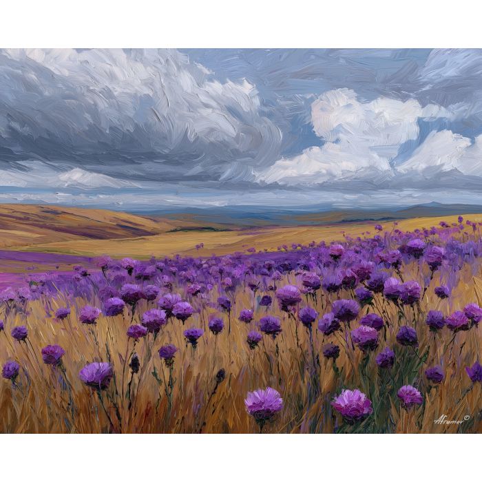 thistle field,field wind,a sweep of purple,an open moor under,purple,olive,gray sky,straw gold,thistle,field,wind,sweep,thistles,moor,moving,cloud,bands,palette knife,oil painting,impasto