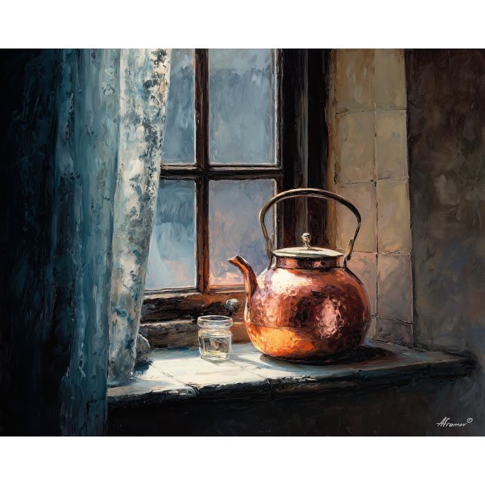 copper kettle,kettle window,a hammered copper,a narrow kitchen,copper orange,cream,dusty blue,soot gray,copper,kettle,window,hammered,narrow,kitchen,ledge,tiled,walls,palette knife,oil painting,impasto