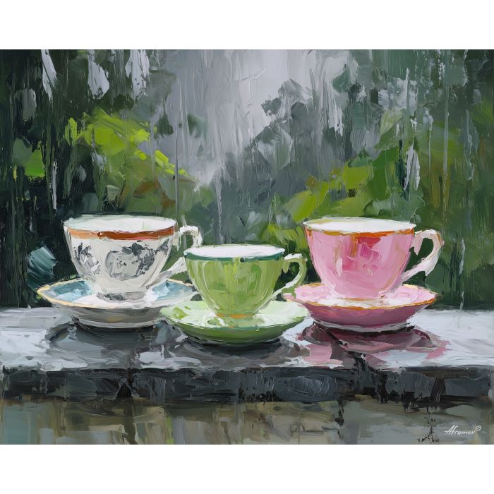teacups before,before storm,three porcelain,a veranda table,white porcelain,sage green,thunder gray,soft rose,teacups,before,storm,three,porcelain,veranda,table,facing,darkening,garden,palette knife,oil painting