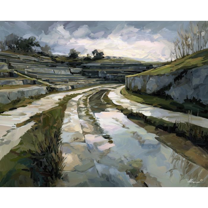 quarry after,after rain,terraced stone cut,an abandoned,slate gray,moss green,chalk white,silver,quarry,after,rain,terraced,stone,walls,abandoned,limestone,puddles,tracks,palette knife,oil painting