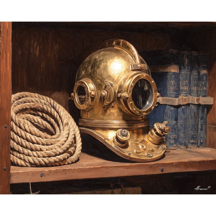diver helmet,helmet shelf,a vintage brass,a maritime museum,brass,navy,rope tan,black,diver,helmet,shelf,vintage,maritime,museum,coiled,rope,palette knife,oil painting,impasto,textured art
