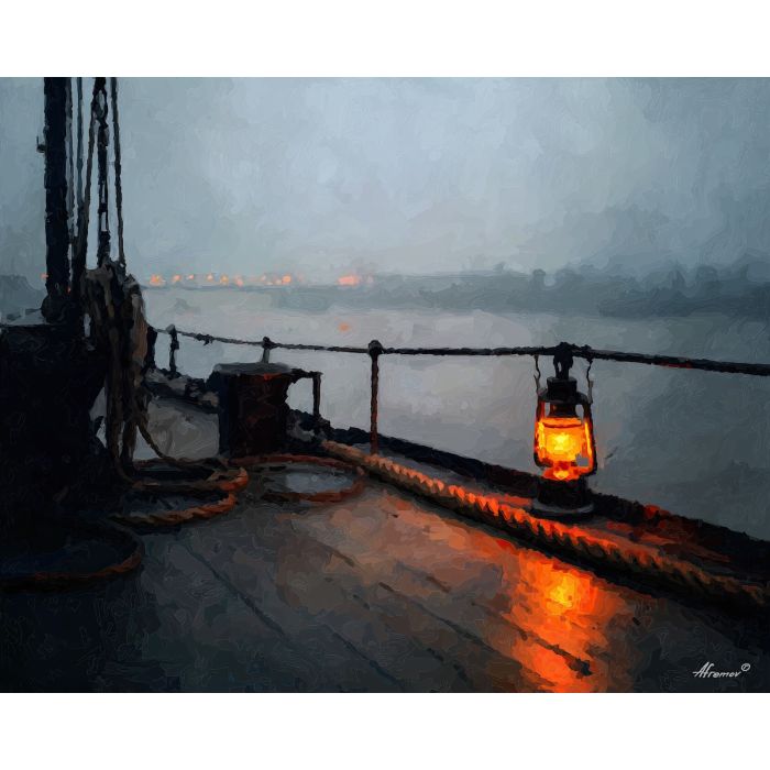 ember ferry,in fog,a ferry lamp and,the deck of a river,ember orange,lead gray,black water,brown rope,ember,ferry,lamp,rope,rail,deck,river,entering,palette knife,oil painting,impasto,textured art