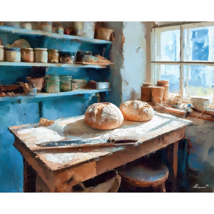 bread board,at noon,round loaves and a,a bakery worktable,wheat beige,crust brown,white flour,shadow blue,bread,board,noon,round,loaves,flourdusted,knife,bakery,worktable,shelves,palette knife,oil painting