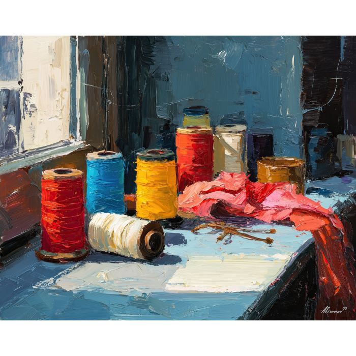 thread, spool of colored thread at spool row, window-lit sewing table, fabric folds and tiny metal glints, crimson and cream with cool slate shadows, tactile and intimate, foreground subject, impasto texture, textured strokes, atmospheric depth, oil painting, palette knife texture, impasto oil, thick paint, bold brushwork, soft glow, color contrast, layered depth, foreground focus, background gradient