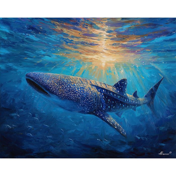 whale shark, whale shark in clear water at dawn sea, open blue tropical sea, sunbeams and surface shimmer, turquoise and deep blue with soft white highlights, majestic and slow-moving, foreground subject, impasto texture, textured strokes, atmospheric depth, oil painting, palette knife texture, impasto oil, thick paint, bold brushwork, soft glow, color contrast, layered depth, foreground focus, background gradient
