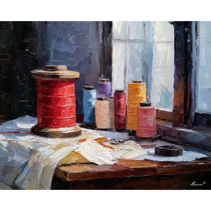 thread, spool of colored thread at satin sheen, window-lit sewing table, fabric folds and tiny metal glints, crimson and cream with cool slate shadows, tactile and intimate, foreground subject, impasto texture, textured strokes, atmospheric depth, oil painting, palette knife texture, impasto oil, thick paint, bold brushwork, soft glow, color contrast, layered depth, foreground focus, background gradient
